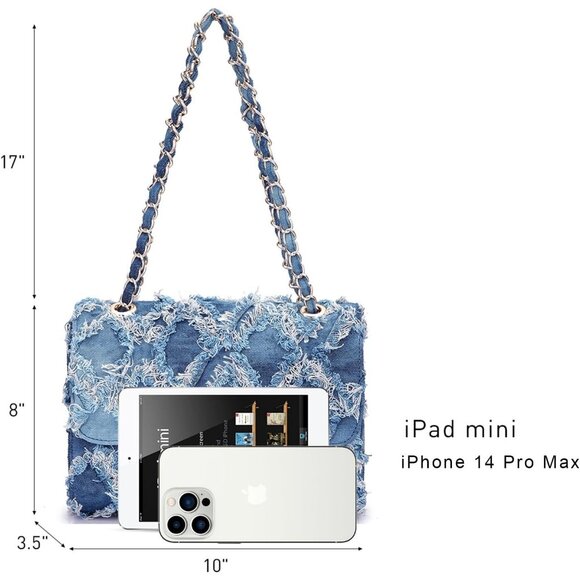 MKP Small Quilted Denim Crossbody Bag for Women, Chain Strap Evening Clutch - Picture 2 of 6